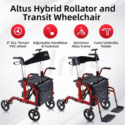 Altus Hybrid Duo 2-in-1 Mobility Rollator and Transit Wheelchair Combo Walker with Seat Red myaltus