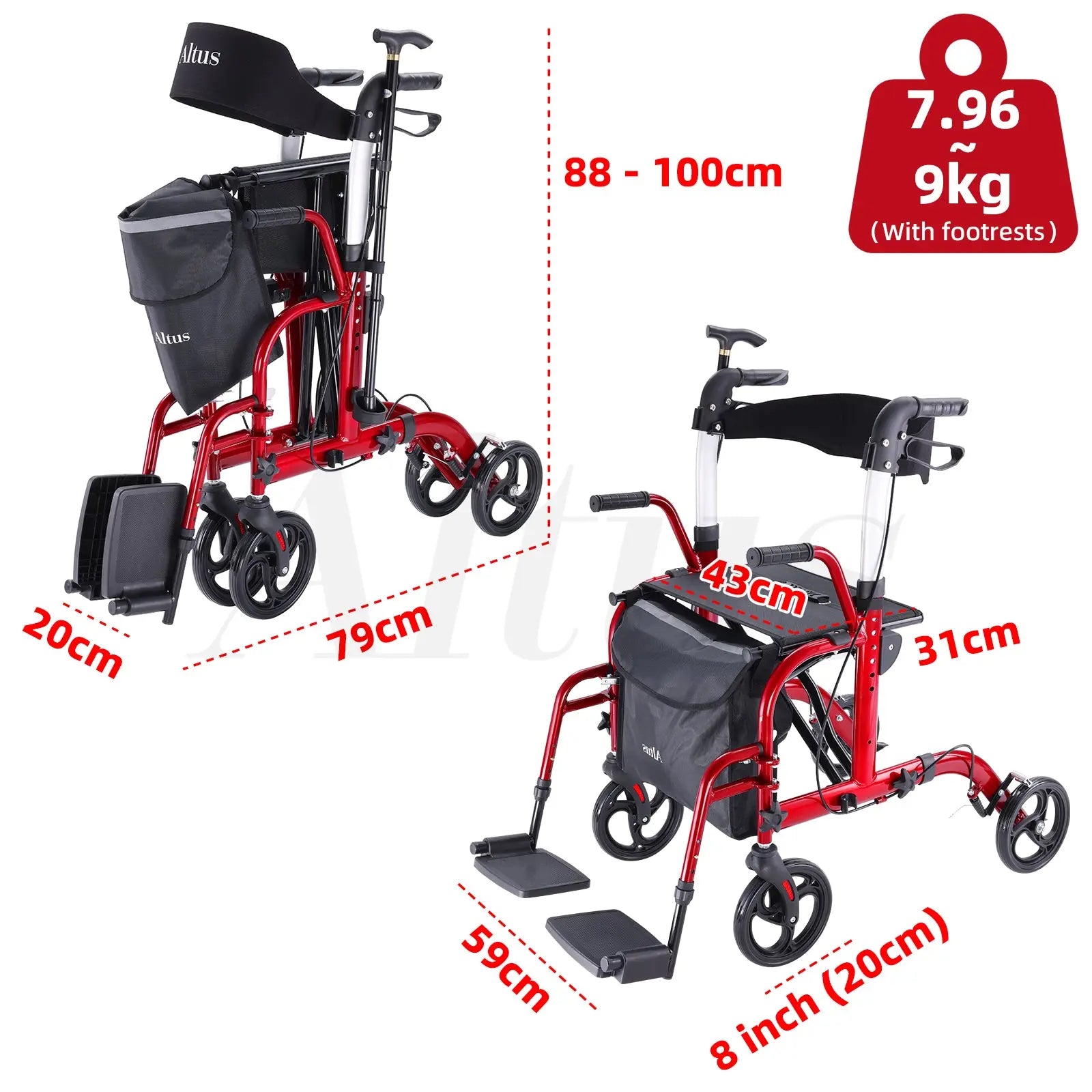 Altus Hybrid Duo 2-in-1 Mobility Rollator and Transit Wheelchair Combo Walker with Seat Red myaltus