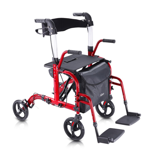 Altus Hybrid Duo 2-in-1 Mobility Rollator and Transit Wheelchair Combo Walker with Seat Red myaltus