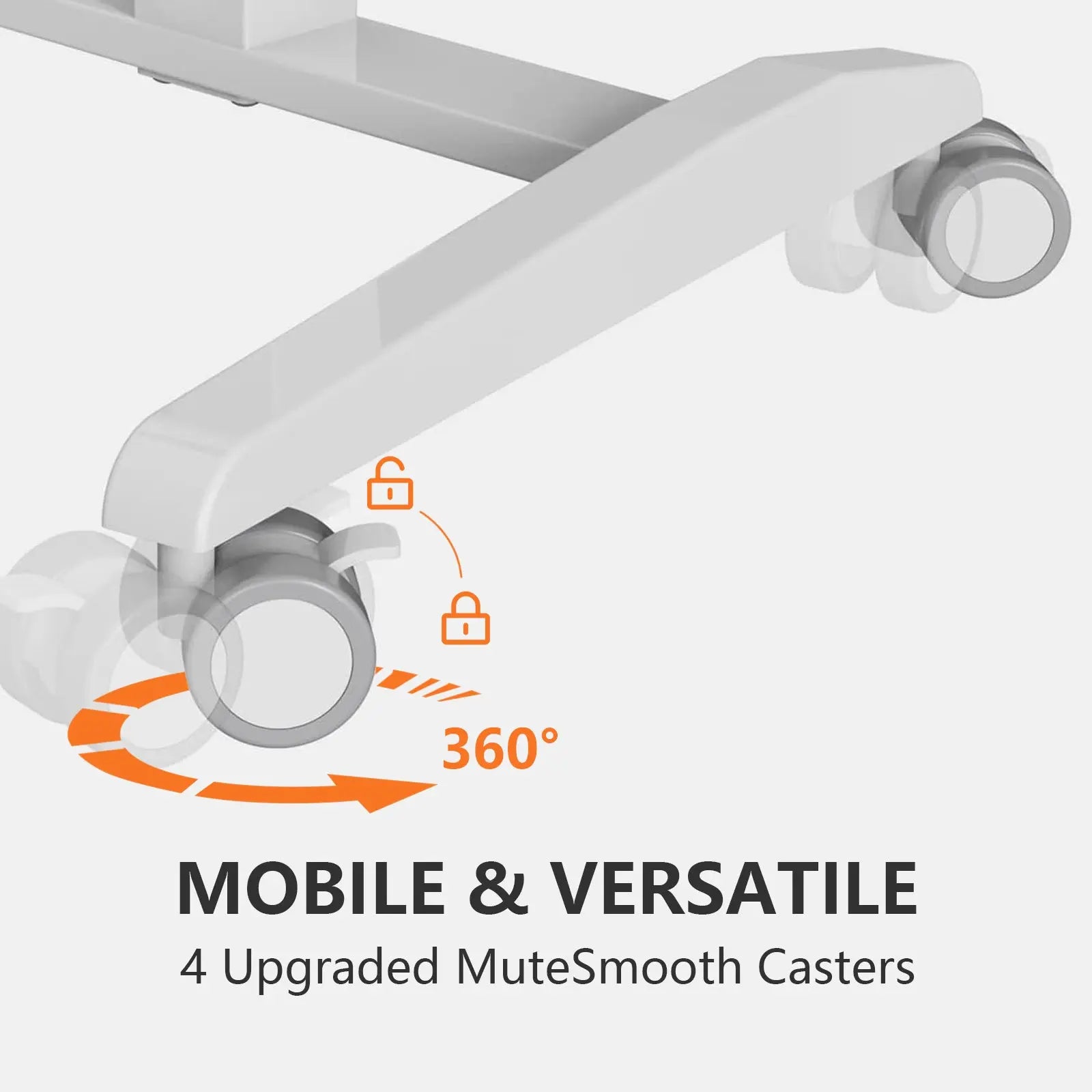 Mobile desk caster wheels with orange accents for lockable, 360-degree rotation and stability