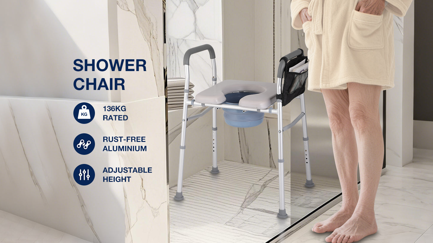 Shower chair with features listed next to a person using it in a bathroom.