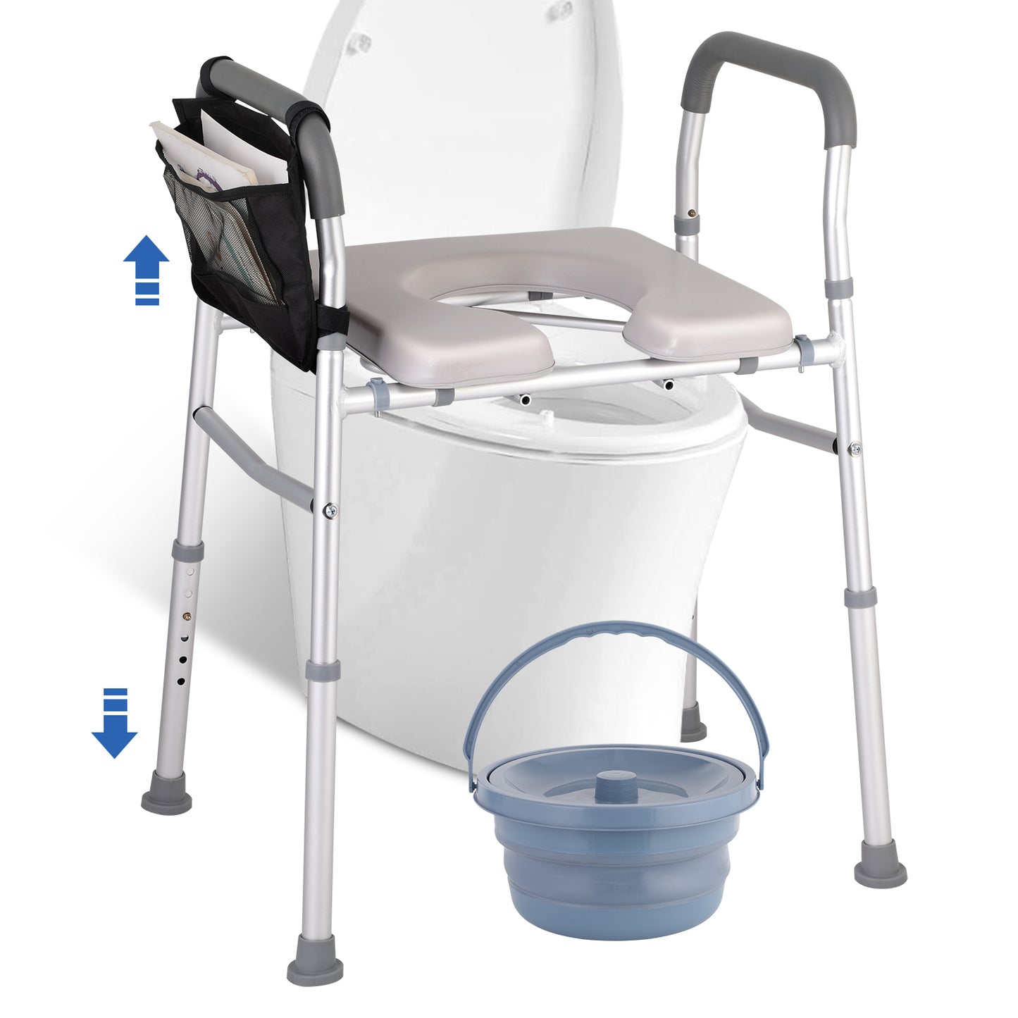 Adjustable bedside commode chair with collapsible bucket and height settings