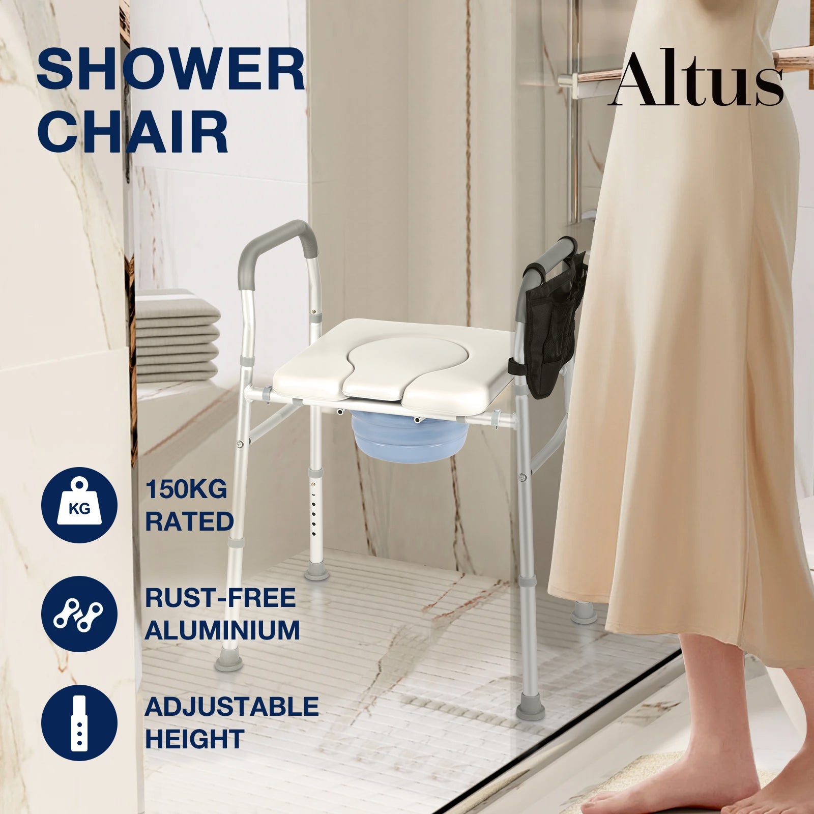 "Altus Heavy Duty Shower Chair with 150kg rating, shown in a shower setting. The chair features rust-free aluminium construction and adjustable height, making it suitable for shower use. The image also emphasizes the chair's durability and stability."