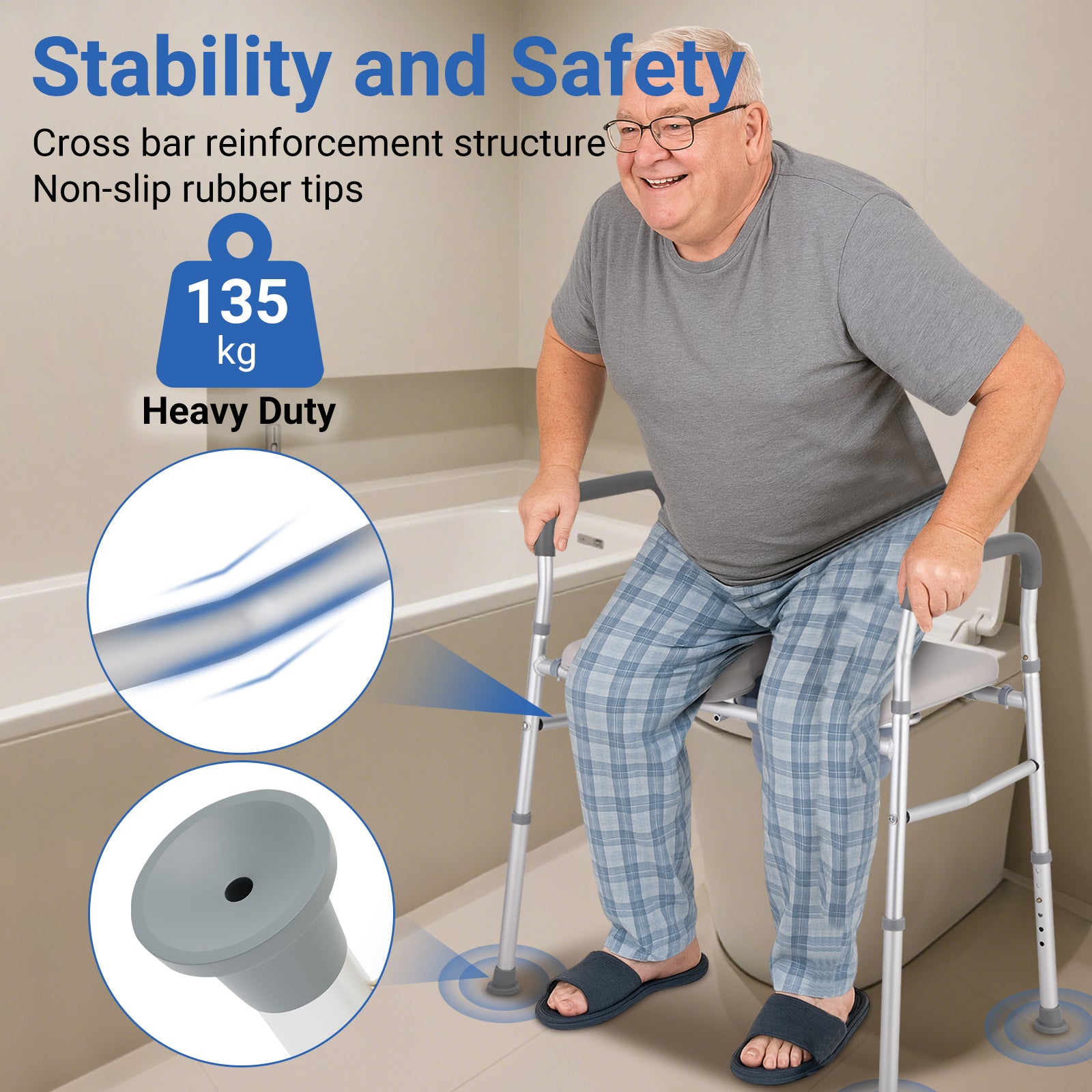 Elderly man using heavy-duty bedside commode chair with reinforced frame and non-slip tips