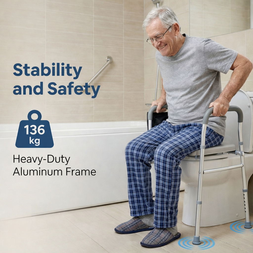 Man using a toilet safety frame in a bathroom with text highlighting stability, safety, and weight capacity.