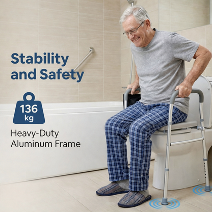 Man using a toilet safety frame in a bathroom with text highlighting stability, safety, and weight capacity.