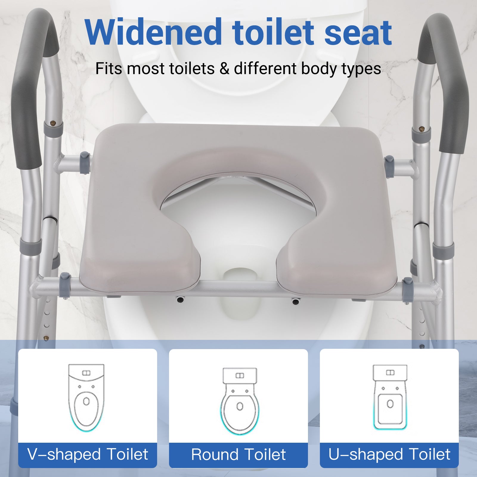 Commode chair placed over toilet showing compatibility with different toilet shapes
