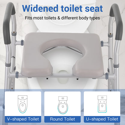 Commode chair placed over toilet showing compatibility with different toilet shapes