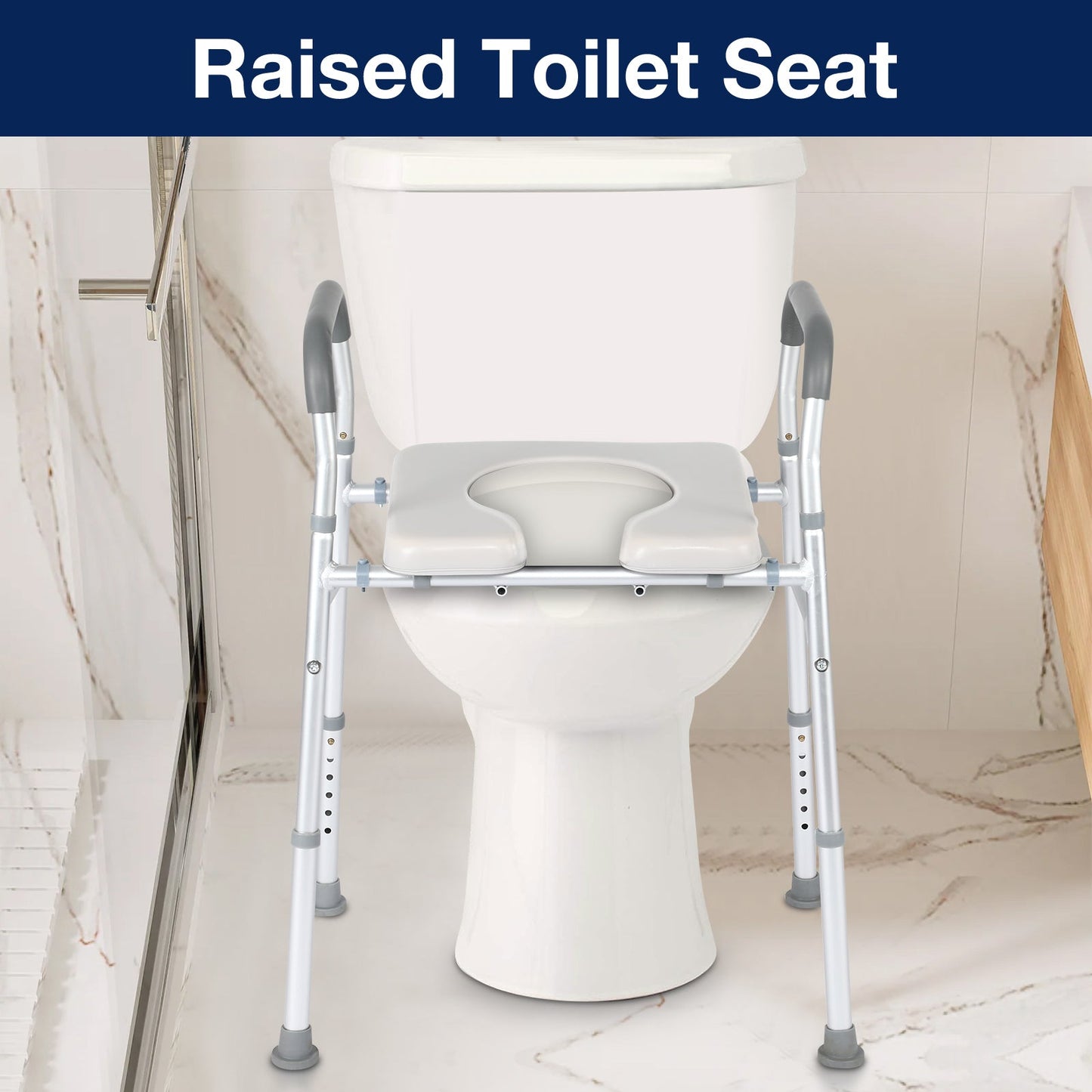 "Altus Heavy Duty Bedside Commode shown in a bathroom setting, highlighting its raised toilet seat feature. The commode has a sturdy frame with adjustable height and comfortable armrests."