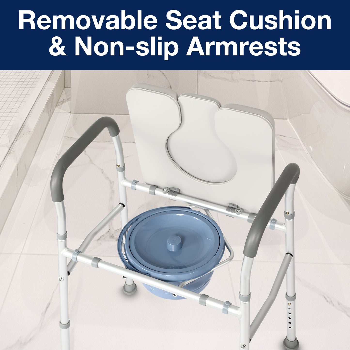 "Altus Heavy Duty Bedside Commode with removable seat cushion and non-slip armrests. The image also shows the commode bucket placed underneath, emphasizing its functionality and ease of cleaning."