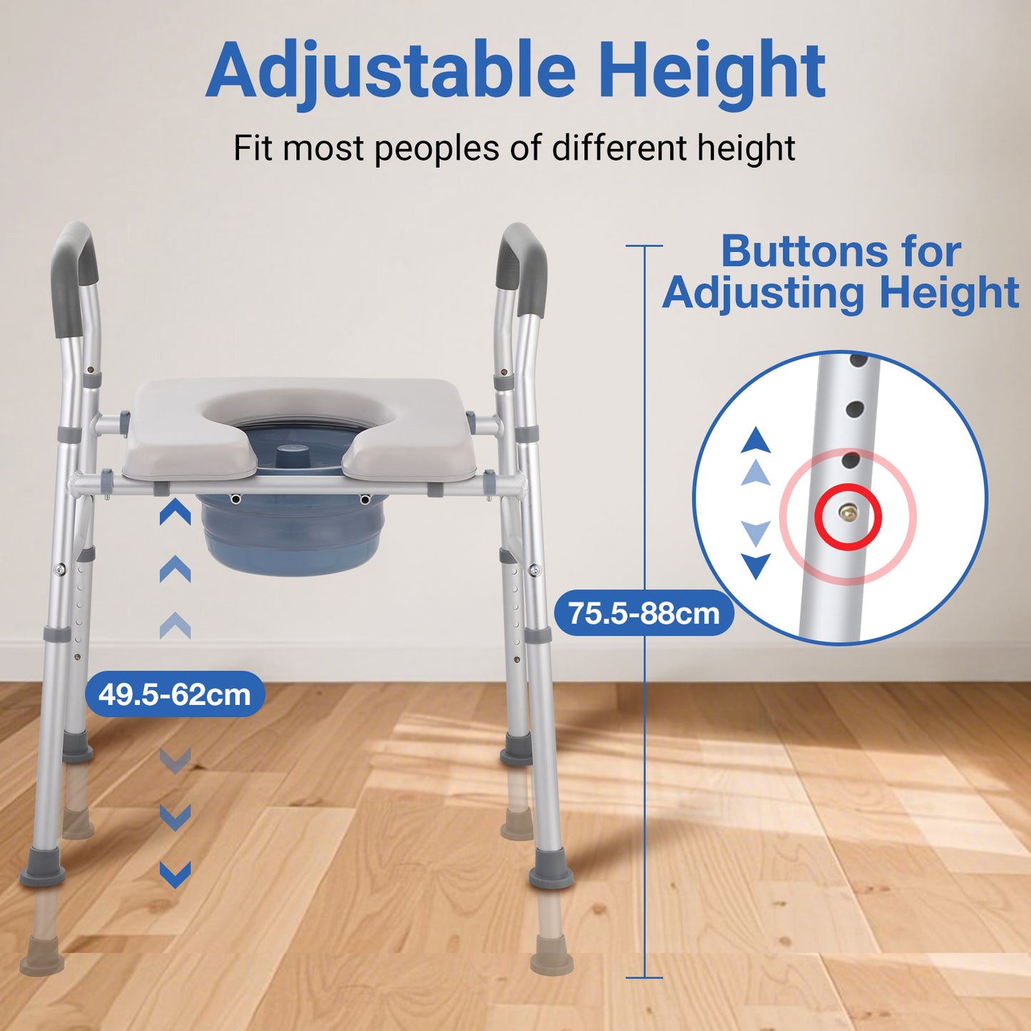Height-adjustable commode chair with clear measurement indicators and button lock system