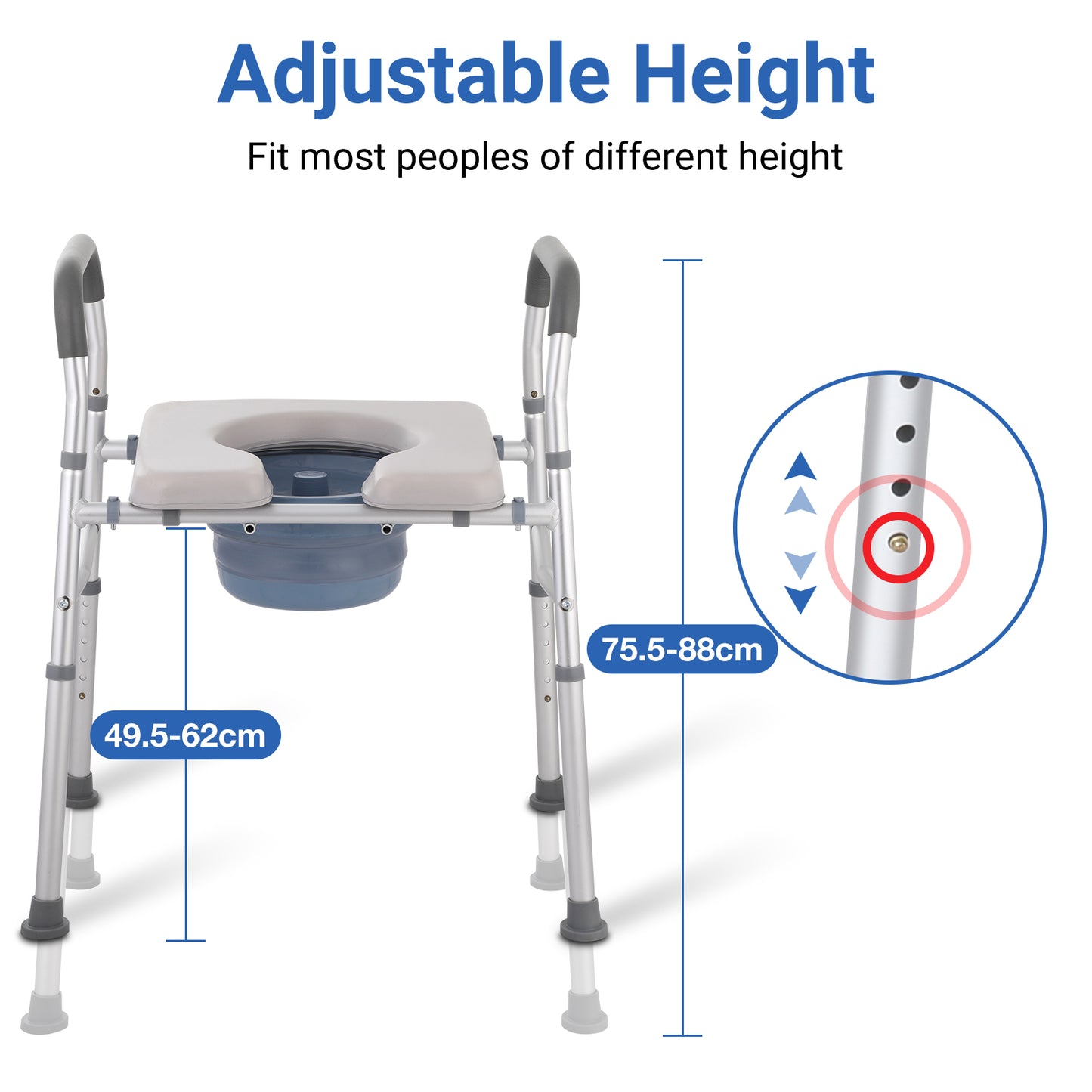 Adjustable height commode chair with measurement details on a white background