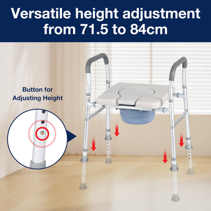 "Altus Heavy Duty Bedside Commode displaying its versatile height adjustment feature. The commode's height can be adjusted from 71.5cm to 84cm, making it suitable for different users. The image includes a close-up of the adjustment button for clarity."