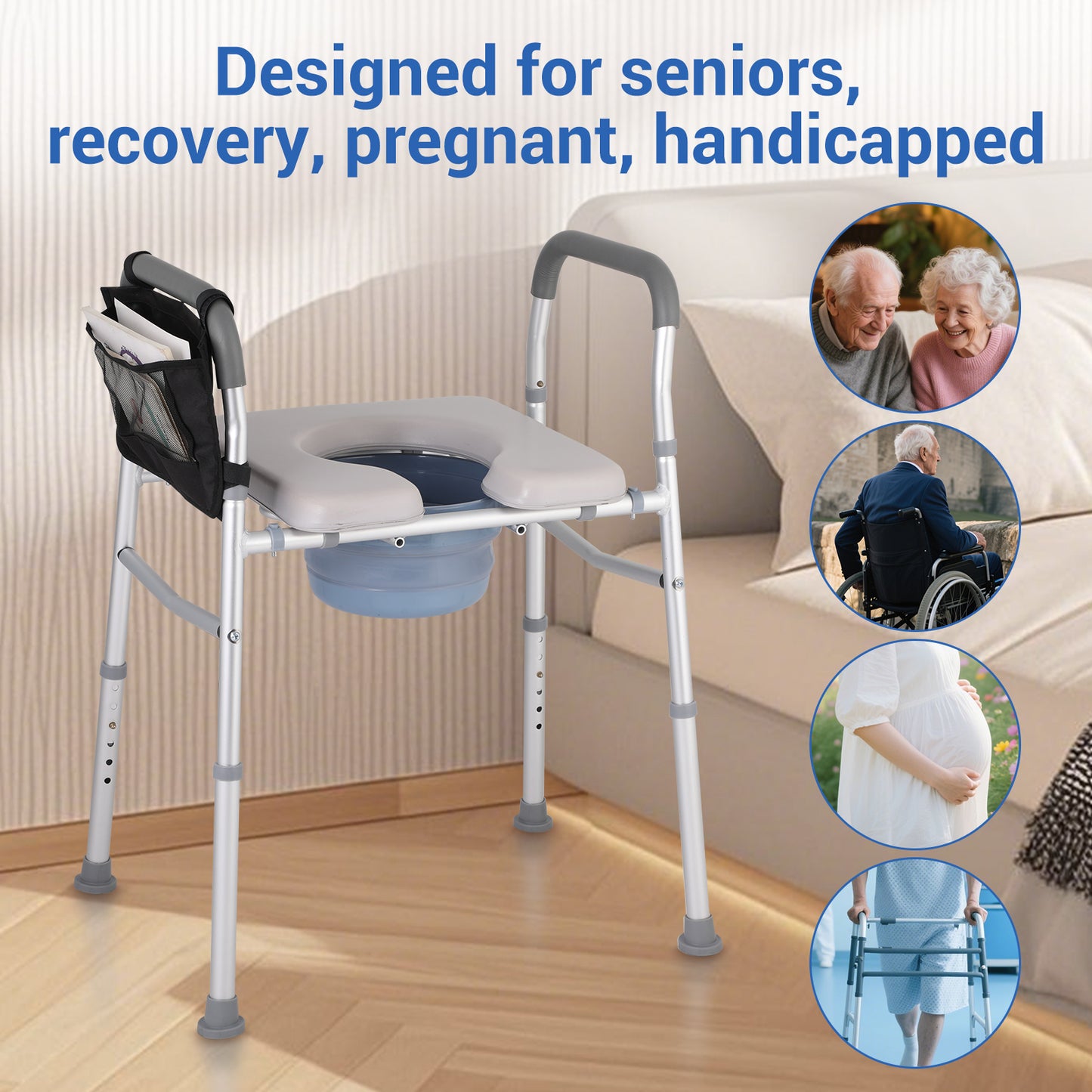 Commode chair designed for elderly, pregnant, disabled, and recovering patients