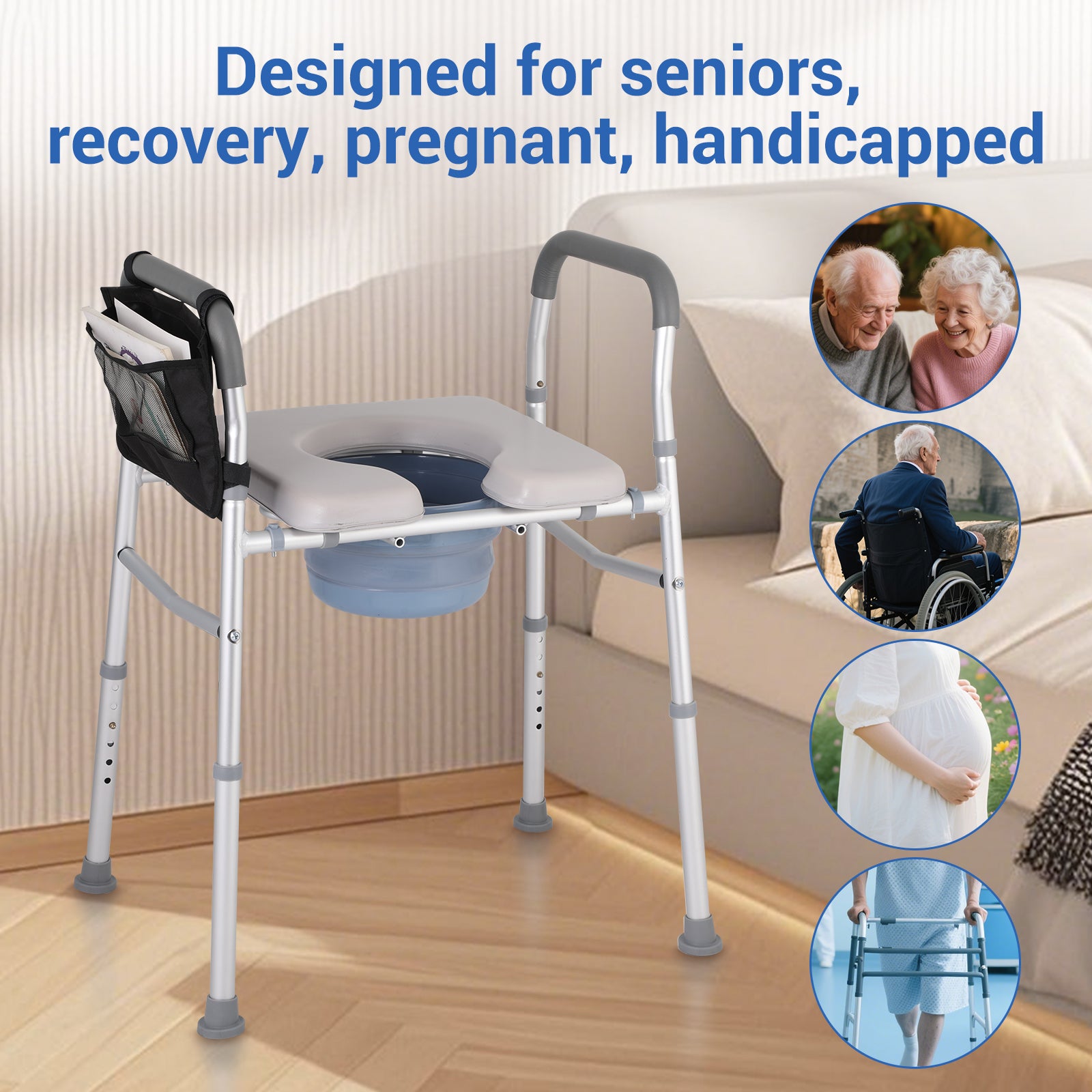 Commode chair designed for elderly, pregnant, disabled, and recovering patients