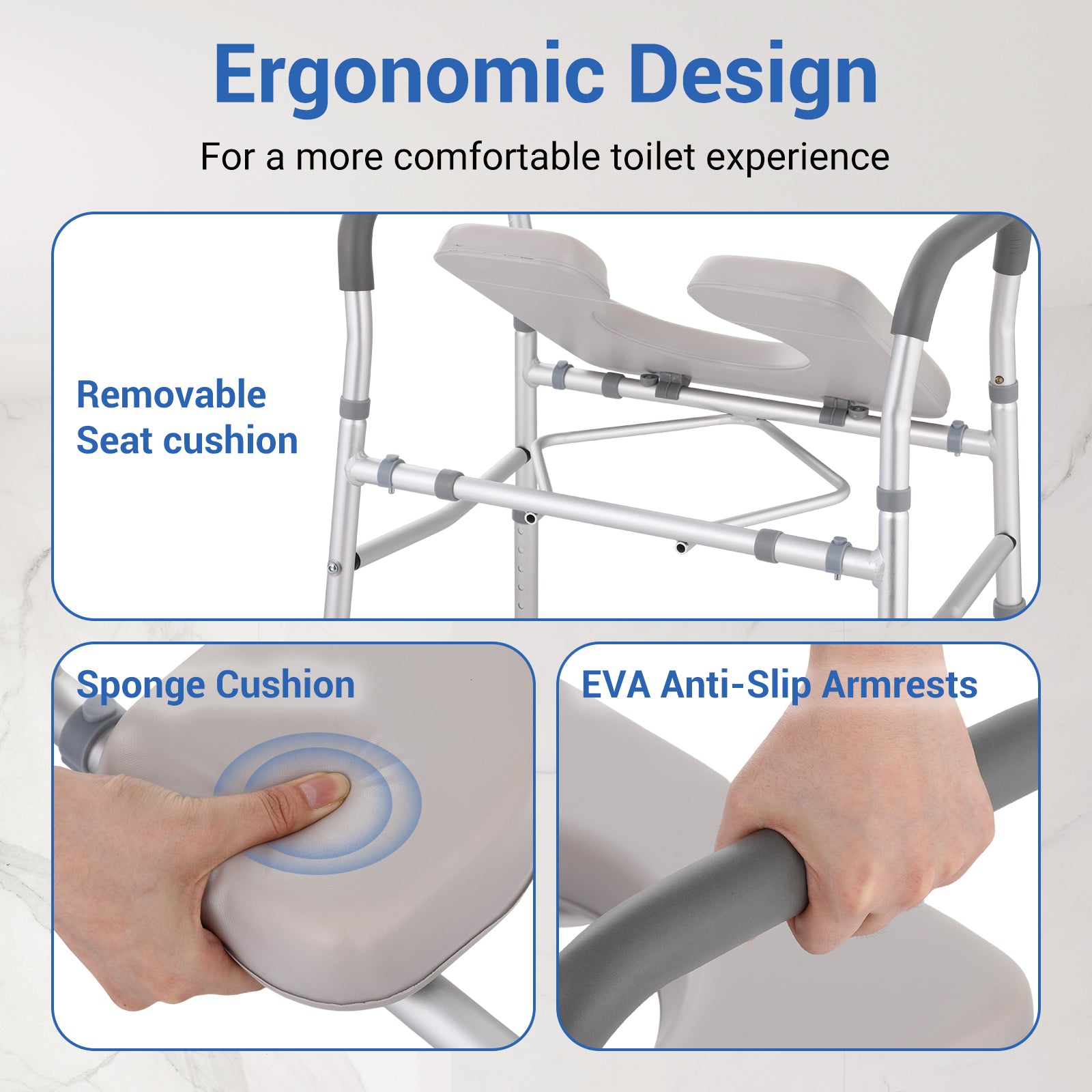 Ergonomic commode seat with removable cushion and non-slip EVA armrests