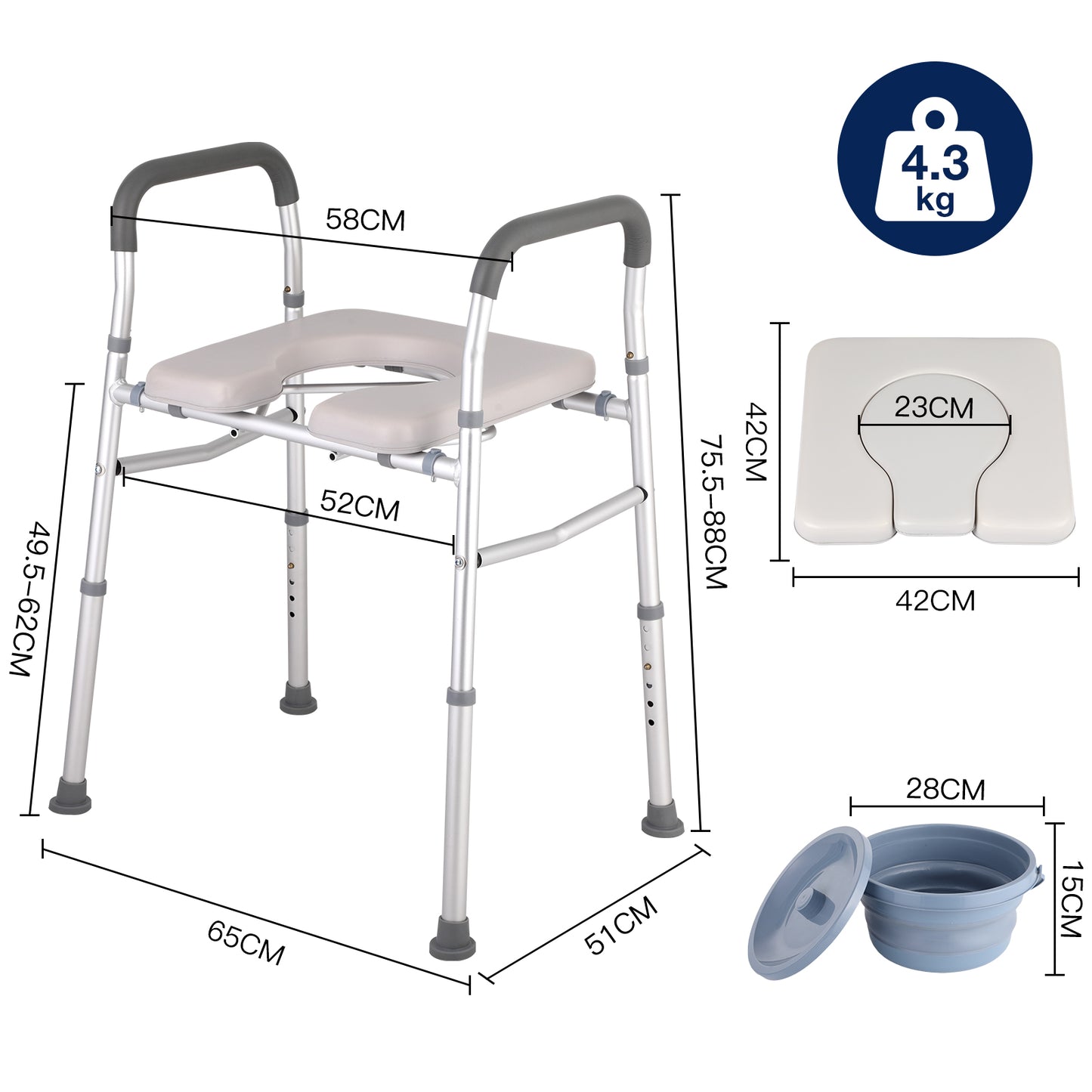 Measurement chart of a medical walker with seat, dimensions, weight, and additional items like a pot and lid.