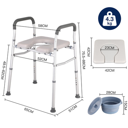 Measurement chart of a medical walker with seat, dimensions, weight, and additional items like a pot and lid.