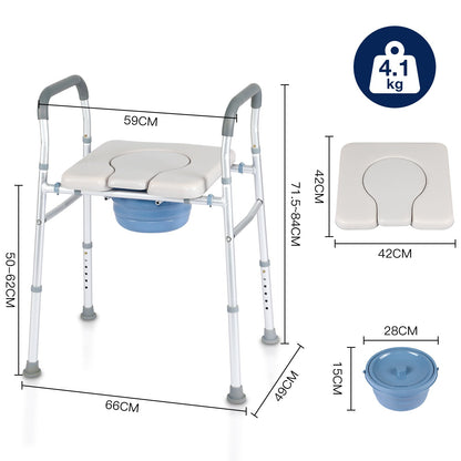 "Detailed dimensions of the Altus Heavy Duty Bedside Commode. Measurements include seat width, overall width, overall depth, height range, and bucket size, providing a comprehensive view of the product's specifications."