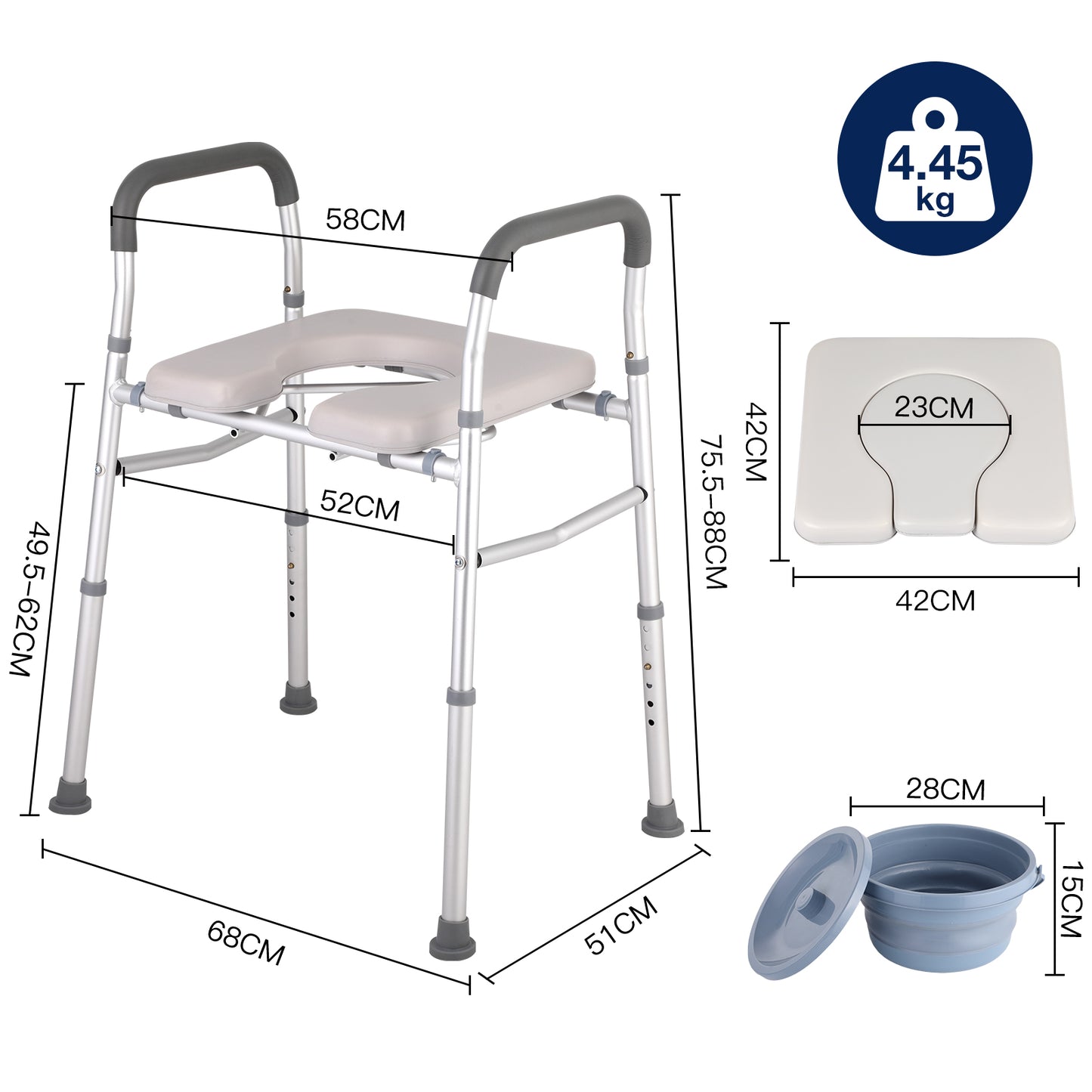 Detailed dimensions of bedside commode chair with bucket and seat measurements