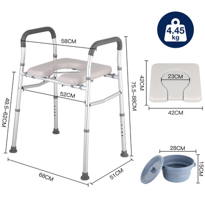 Detailed dimensions of bedside commode chair with bucket and seat measurements