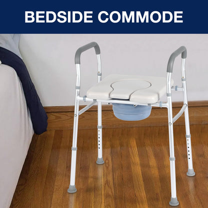 "Altus Heavy Duty Bedside Commode placed beside a bed, illustrating its convenient use as a bedside commode. The commode's adjustable height and sturdy frame are visible, making it a practical addition for bedroom use."