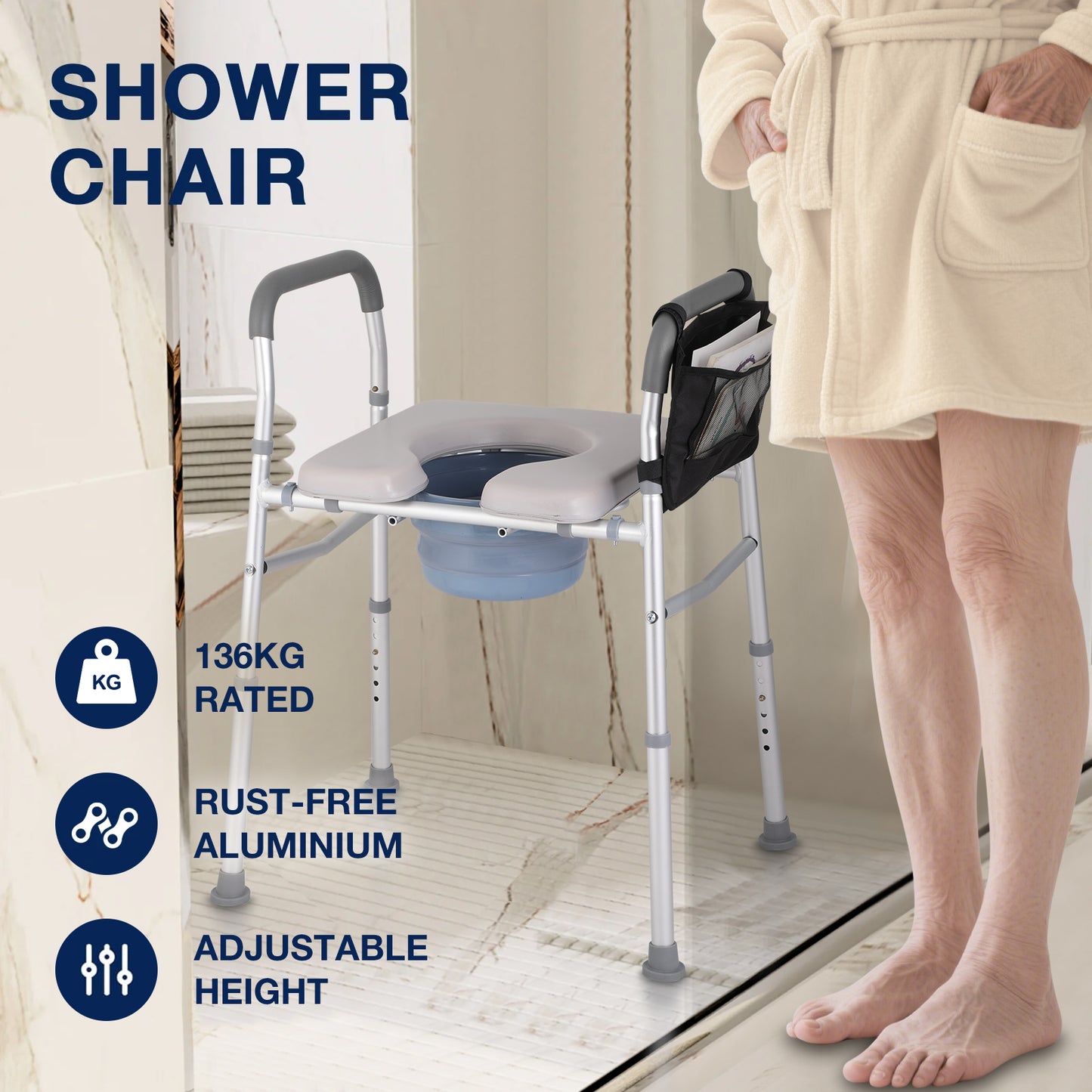 Shower chair with a person in a bathrobe standing next to it, featuring product details.