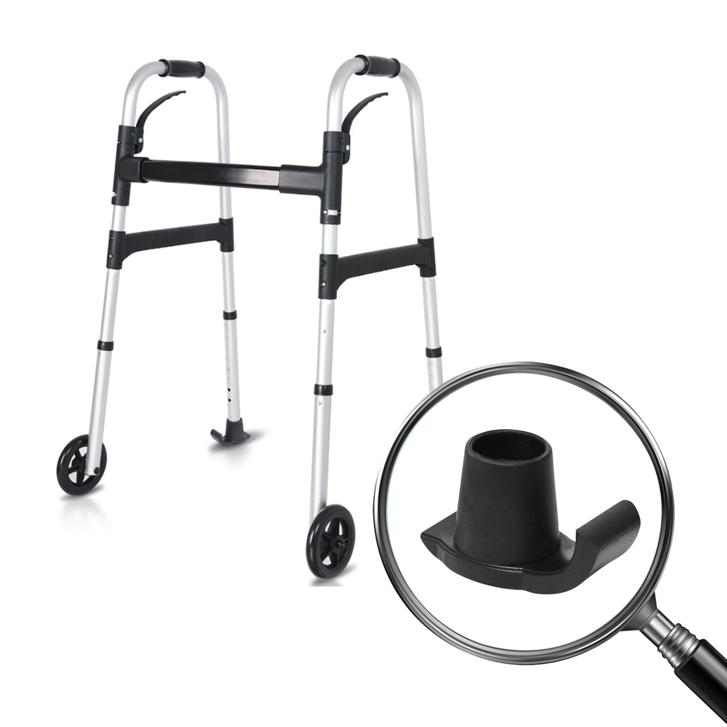 Walker with wheels and close-up of a black component under a magnifying glass on a white background