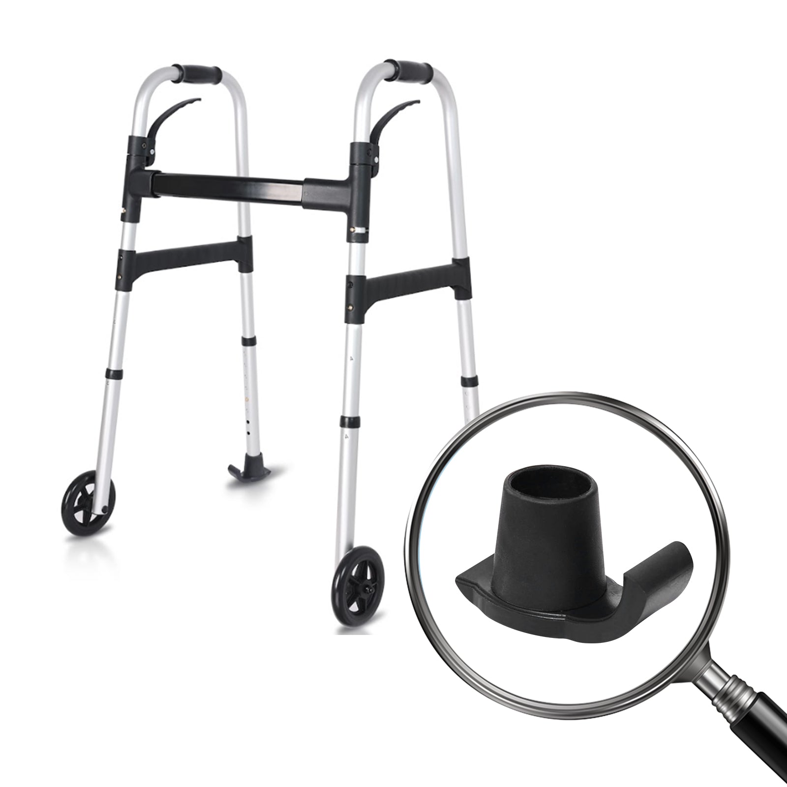 Walker with wheels and close-up of a black component under a magnifying glass on a white background