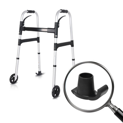 Walker with wheels and close-up of a black component under a magnifying glass on a white background