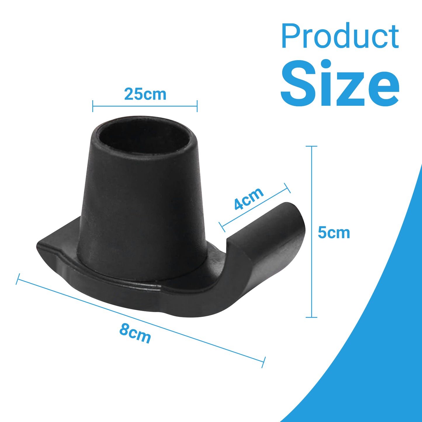 Black plastic component with measurements on a white background