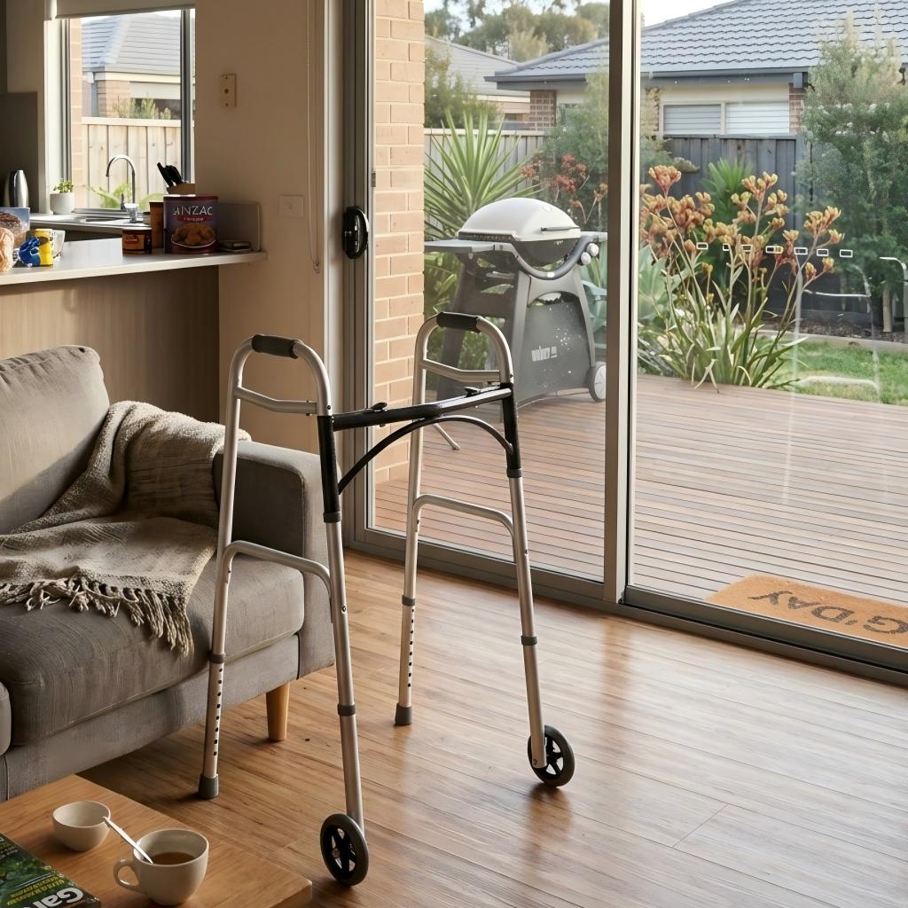 A silver metal rolling walker with black handles and wheels is positioned on a wooden floor in a home interior, with a sofa, kitchen area, sliding glass doors, and outdoor deck visible.