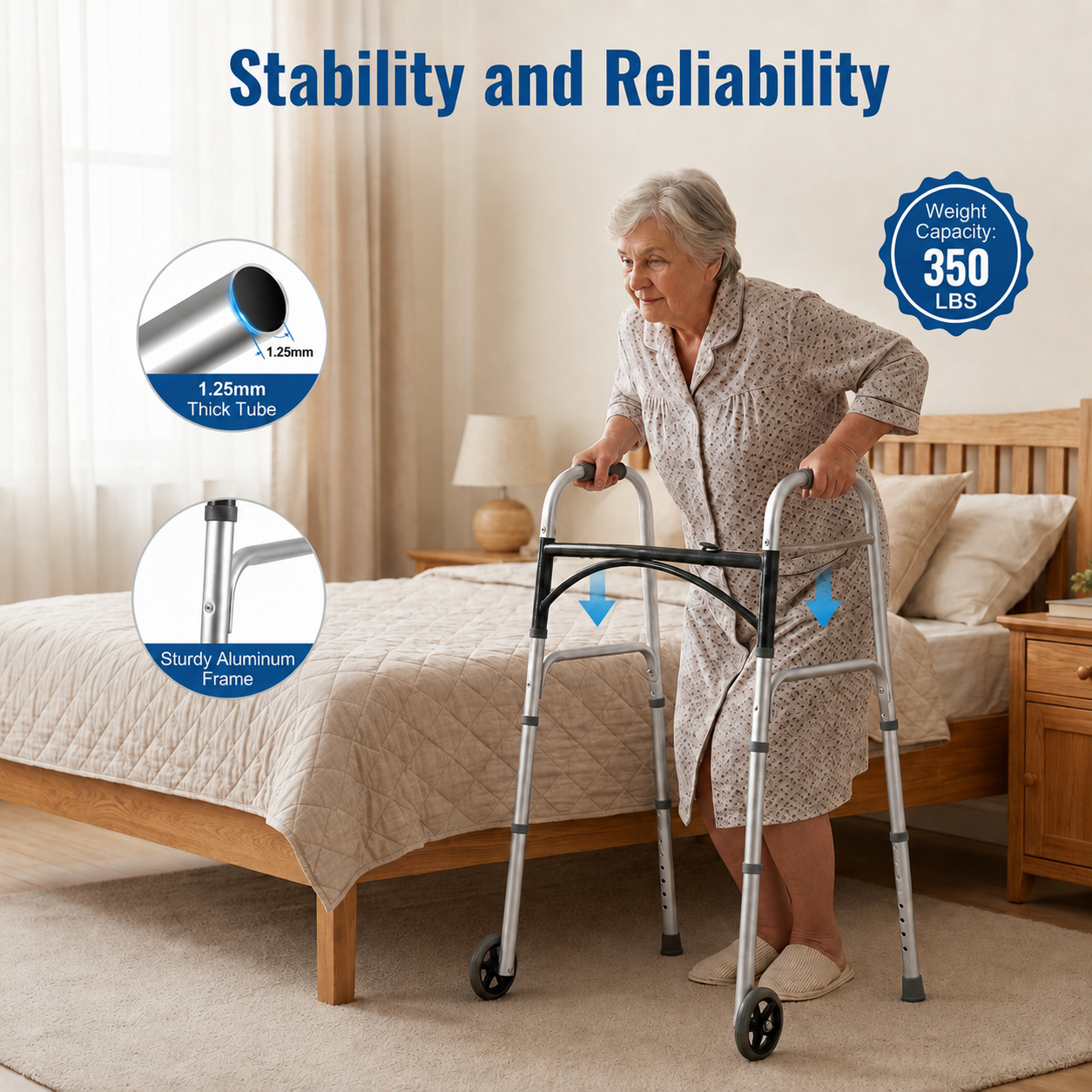 An elderly woman uses a silver aluminum walker in a bedroom setting. The image includes text overlays highlighting 'Stability and Reliability' along with circular insets showing the 1.