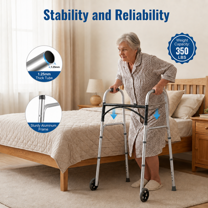 An elderly woman uses a silver aluminum walker in a bedroom setting. The image includes text overlays highlighting 'Stability and Reliability' along with circular insets showing the 1.