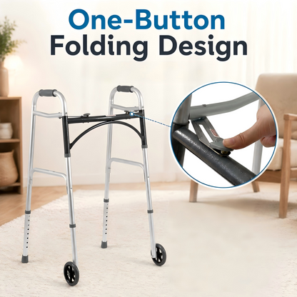 Silver and black rolling walker shown in a bright indoor room, with large text reading 'One-Button Folding Design' and a circular inset close-up of a hand pressing a folding mechanism on the frame.