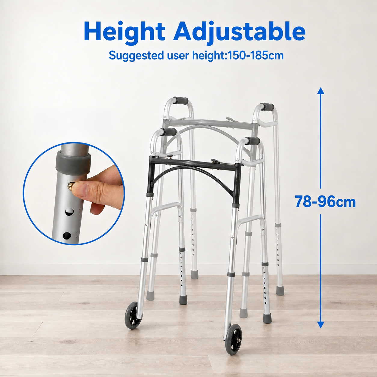 Adjustable aluminum walker with black wheels and black handle accents, shown on a light wood floor against a white wall. Blue text reads 'Height Adjustable' with 'Suggested user height:150-185cm' and a vertical measurement arrow noting '78-96cm'.