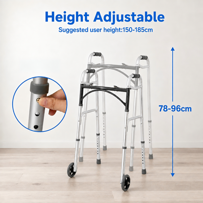Adjustable aluminum walker with black wheels and black handle accents, shown on a light wood floor against a white wall. Blue text reads 'Height Adjustable' with 'Suggested user height:150-185cm' and a vertical measurement arrow noting '78-96cm'.