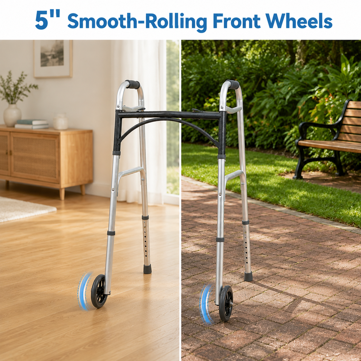 A silver and black rolling walker with blue-accented wheels is shown in a split-screen lifestyle setting: on a light wood floor in a living room on the left, and on a brick patio in a garden on the right. Blue text at the top reads '5" Smooth-Rolling Front Wheels'.