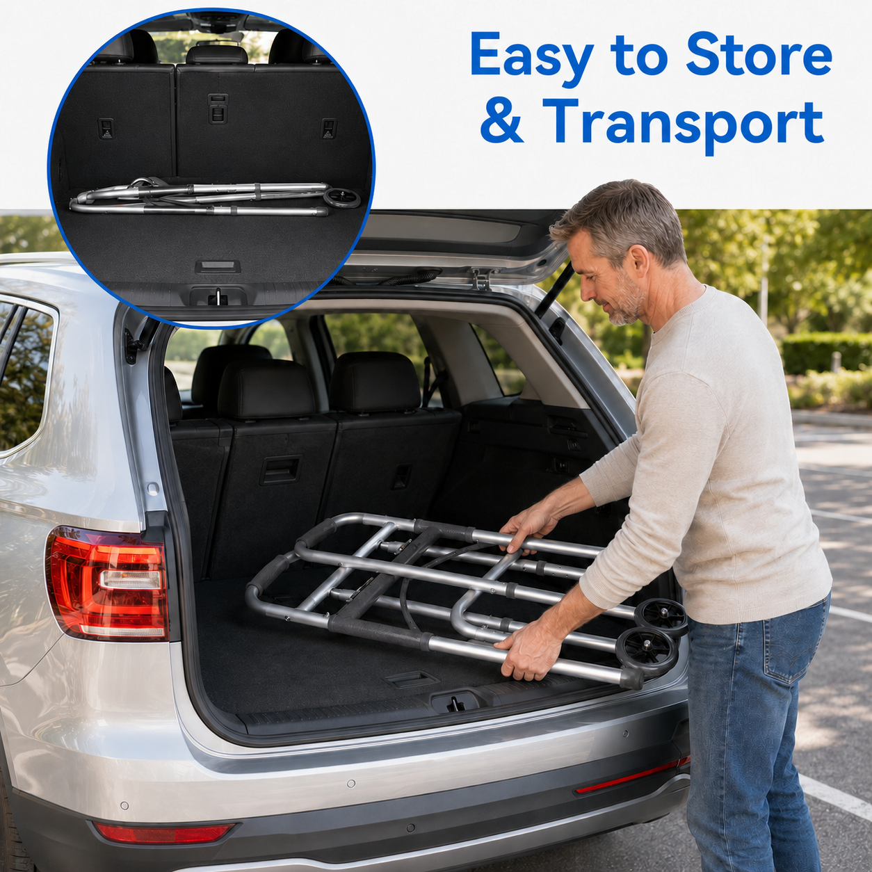 A man loading a silver SUV trunk with a folded metal storage rack, with an inset showing the rack stored inside the trunk and blue text reading 'Easy to Store & Transport'.