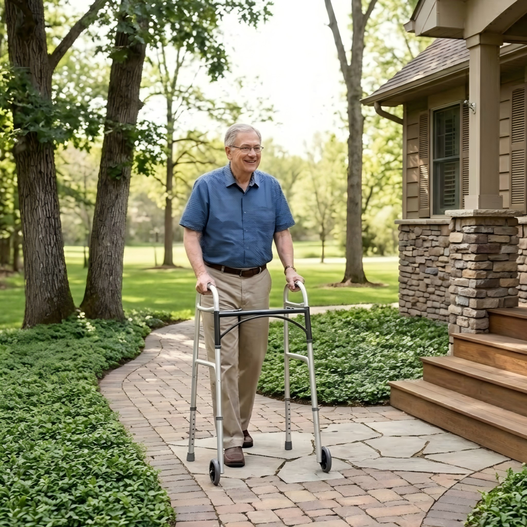 An older man wearing a blue polo shirt and khaki pants walks along a stone path using a silver and black rolling walker in front of a suburban house with green landscaping.