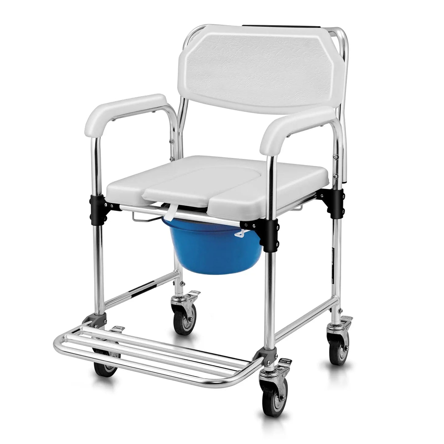 A white and chrome shower chair with padded armrests, a blue commode bucket, and a retractable footrest.