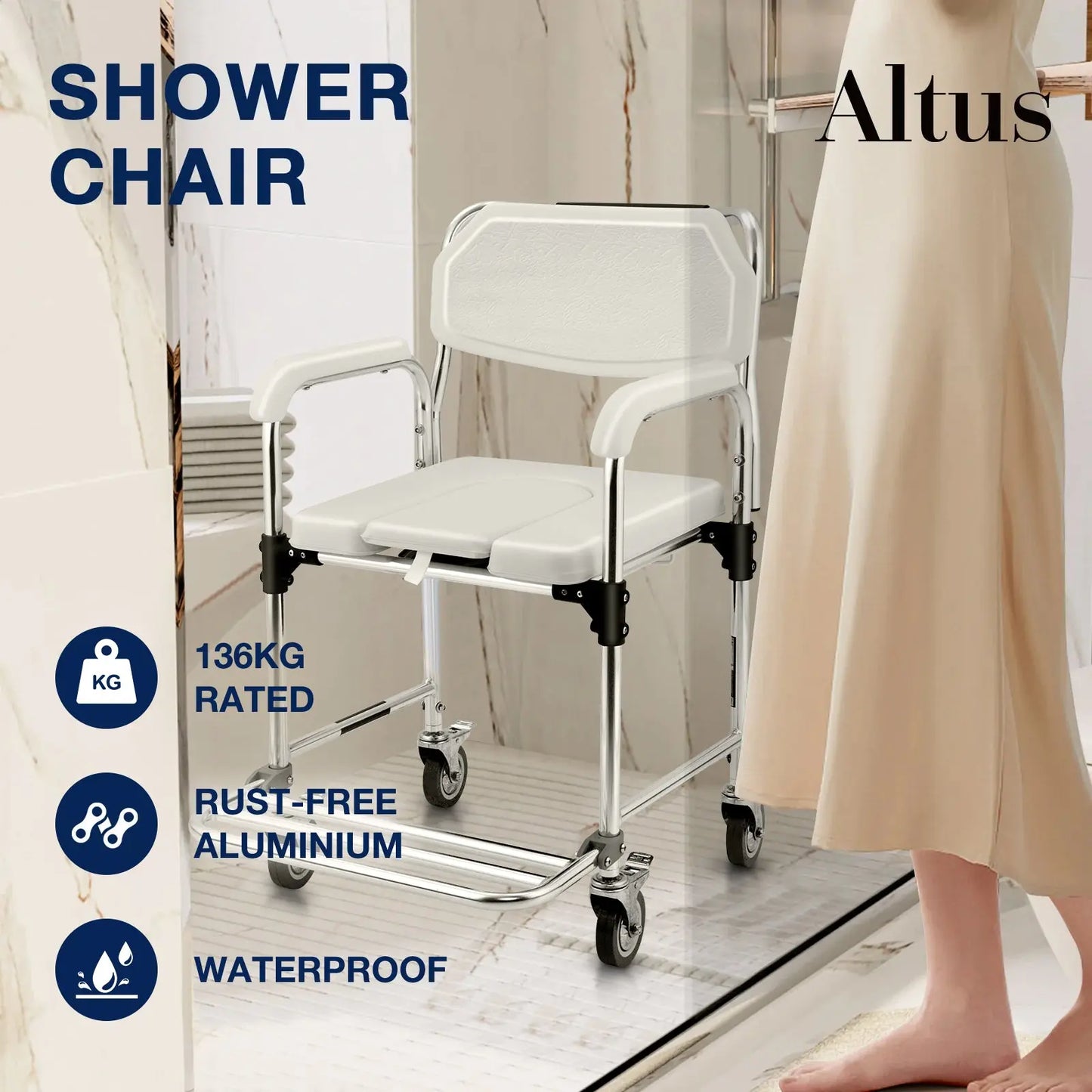 An Altus shower chair in a bathroom setting, highlighting features like 136KG weight capacity, rust-free aluminum, and waterproof design.