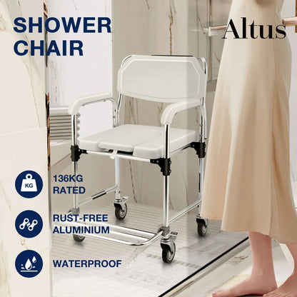 An Altus shower chair in a bathroom setting, highlighting features like 136KG weight capacity, rust-free aluminum, and waterproof design.