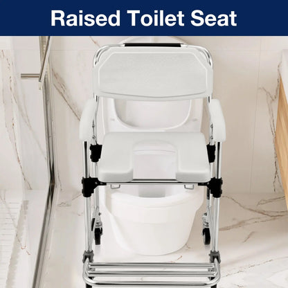 The Altus shower chair positioned over a toilet, showing its function as a raised toilet seat.