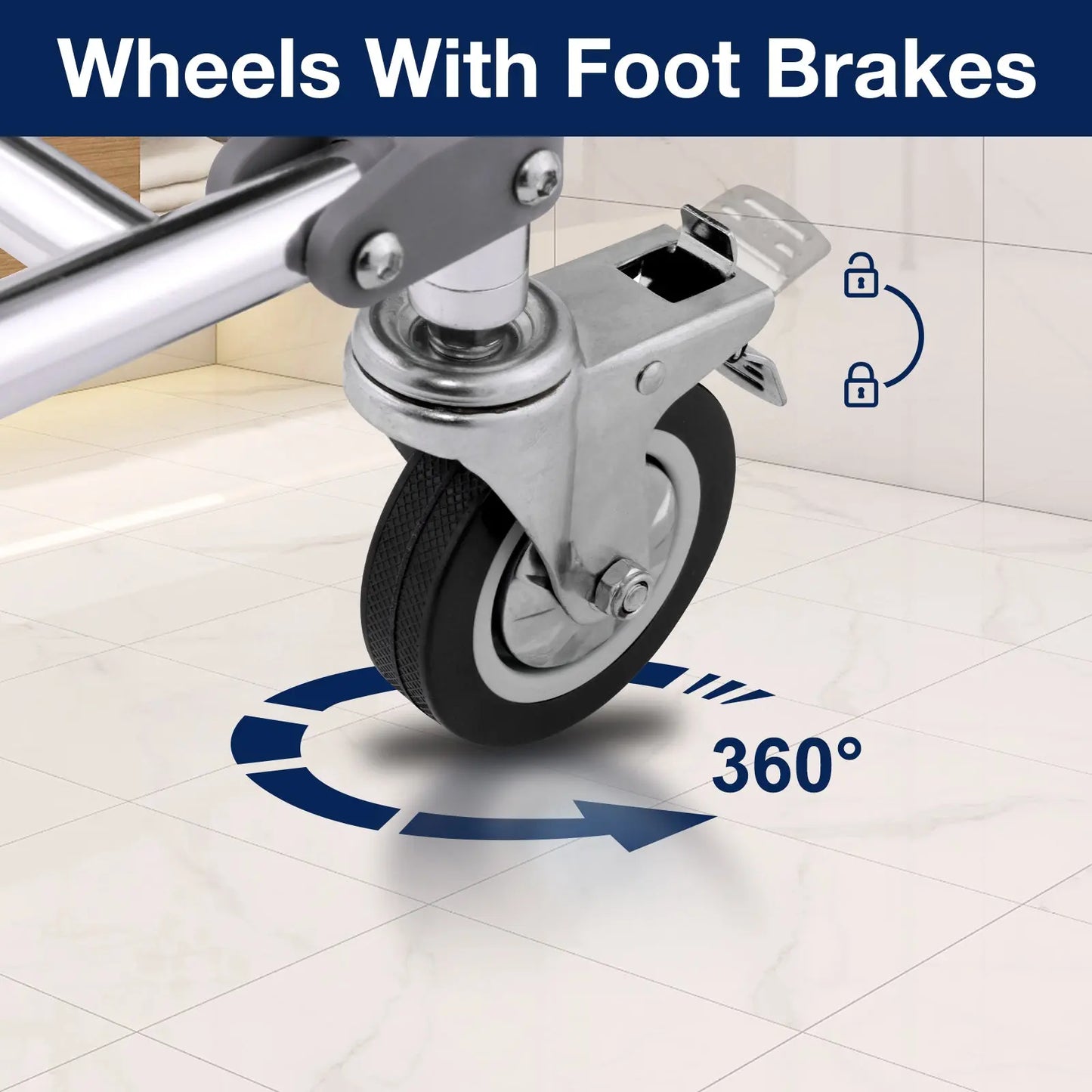 Close-up of the shower chair's wheel with a foot brake and 360-degree rotation capability.