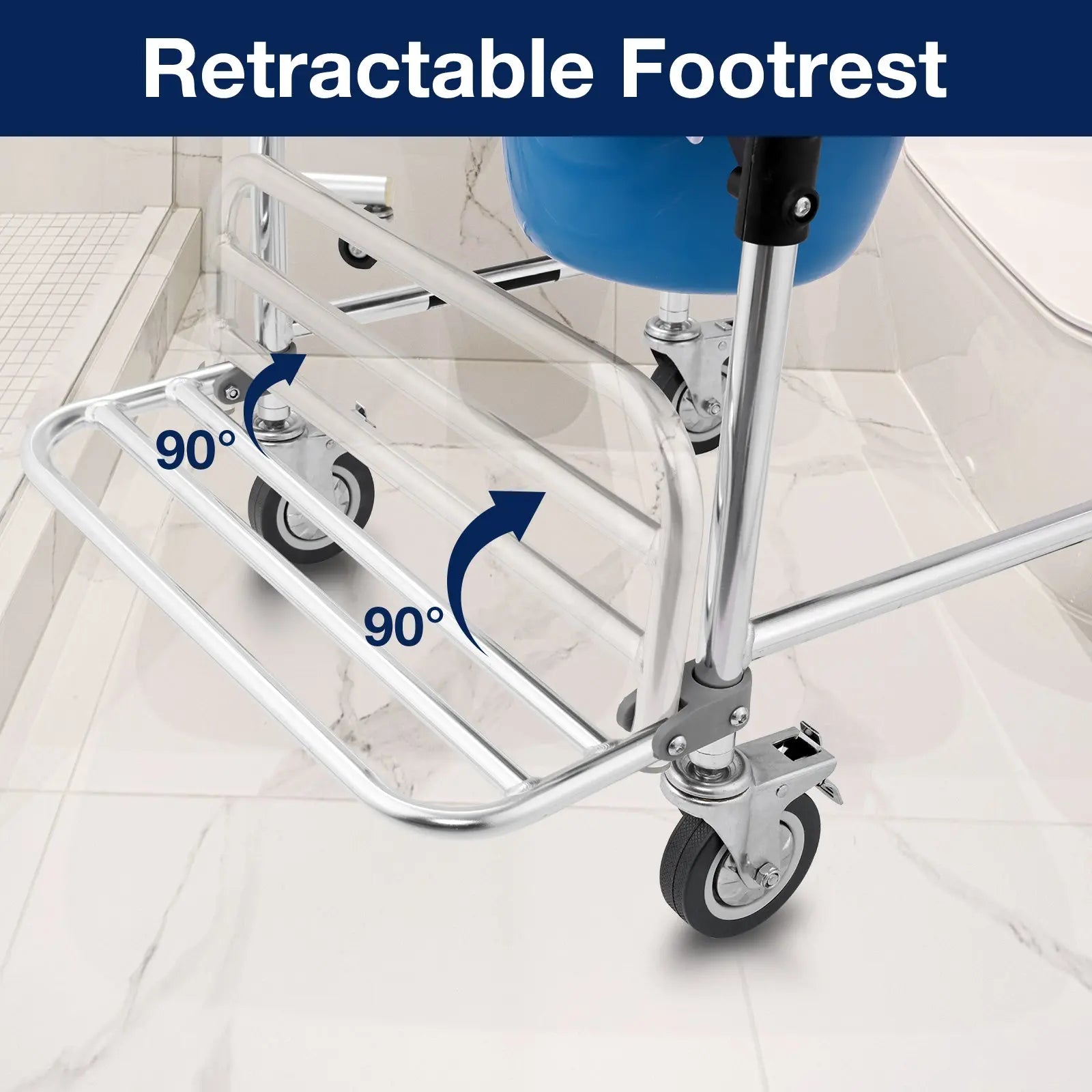 Image of the shower chair's retractable footrest shown at different angles.