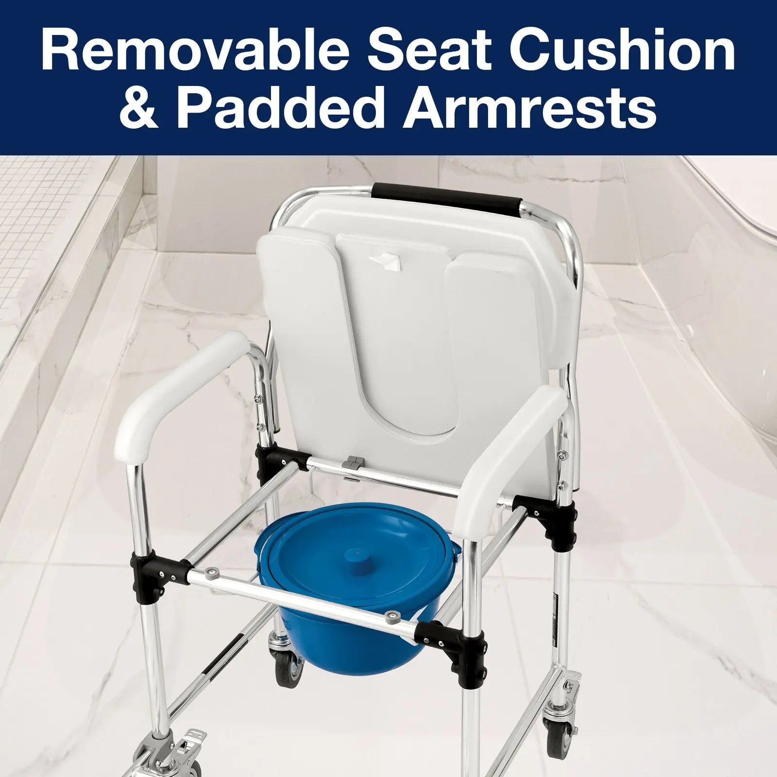 Back view of the shower chair with the blue commode bucket and removable seat cushion.