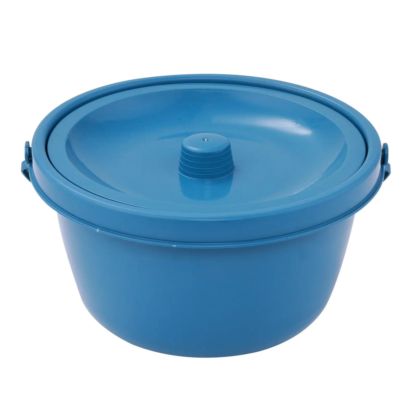 A blue commode bucket with a lid designed to fit the shower chair.