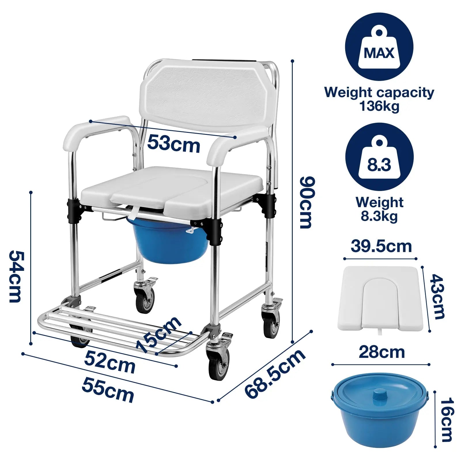 A detailed dimensions chart of the Altus shower chair showing various measurements and weight capacity.