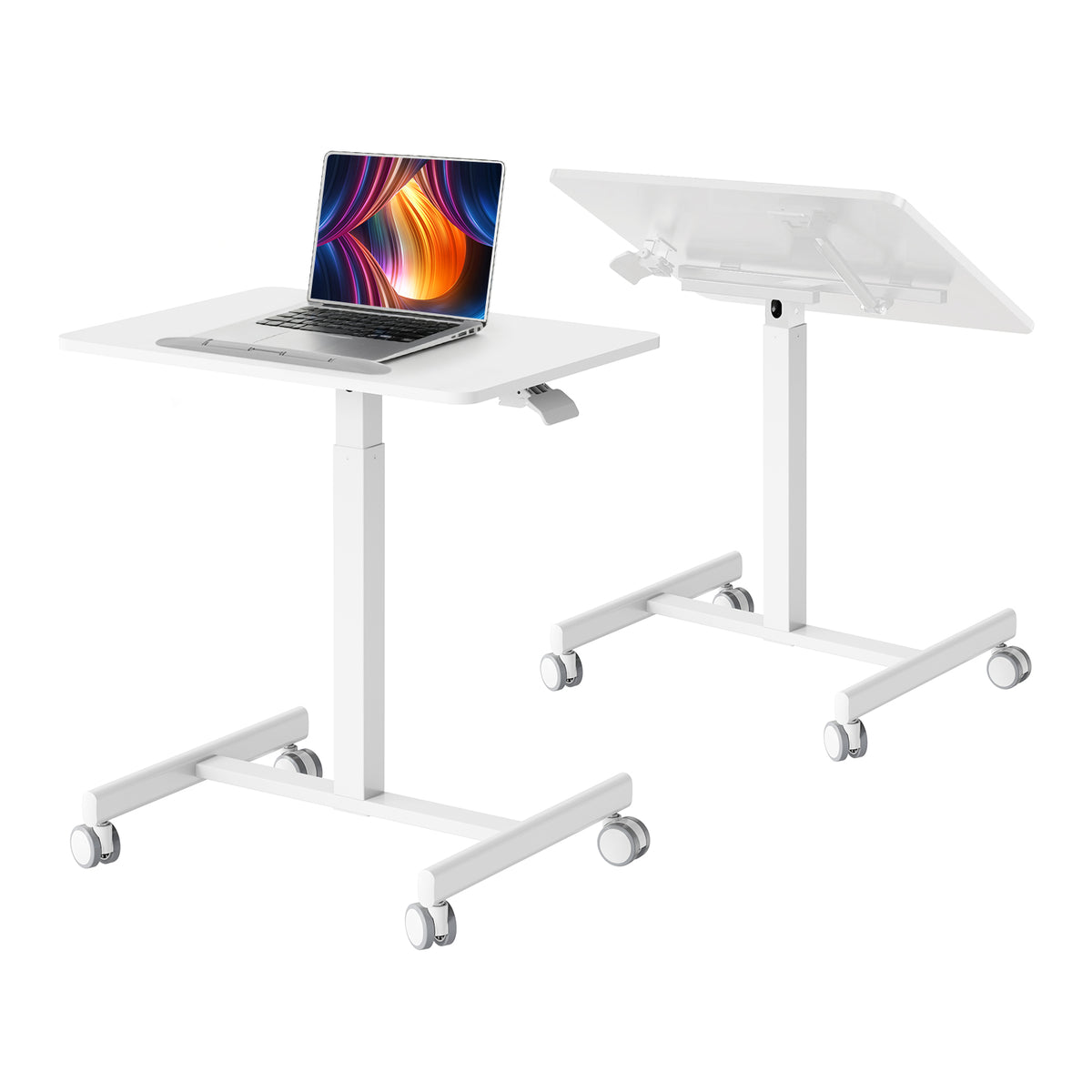 A white adjustable standing desk with wheels, shown in two configurations: one with a laptop on a flat surface and one with a tilted screen stand. The laptop is a prop and not part of the product.